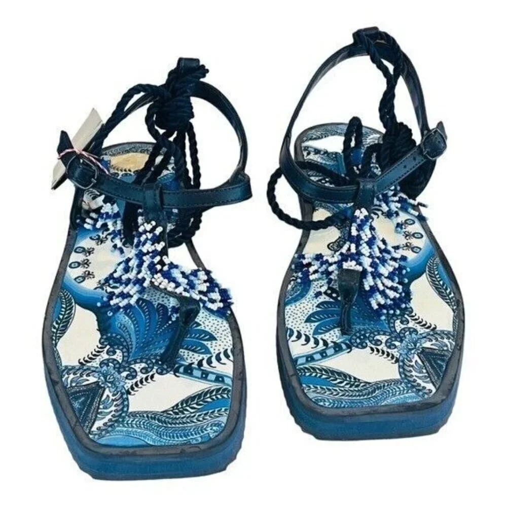 FARM RIO Blue Tile Beaded Flat Lace Up Sandals Blue NEW $260